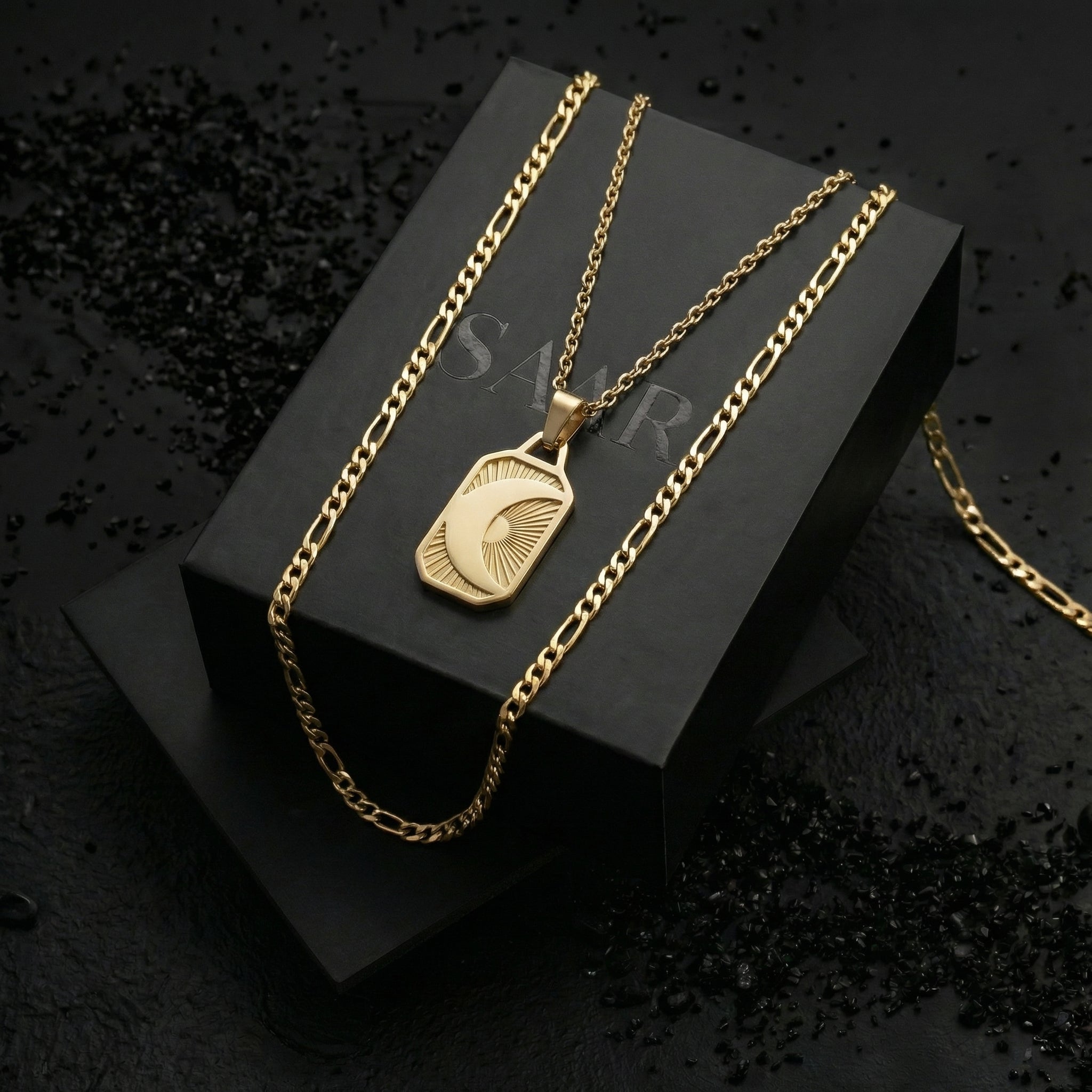 Stainless Stee Plated 5mm Figaro chain and Moon pendant necklace