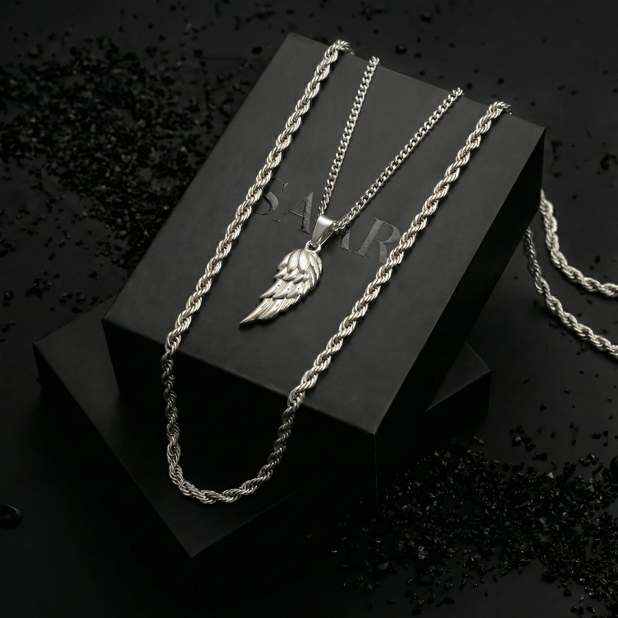 Stainless steel Angel Wing Pendant Necklace and Stainless Steel Diamond Cut Rope chain
