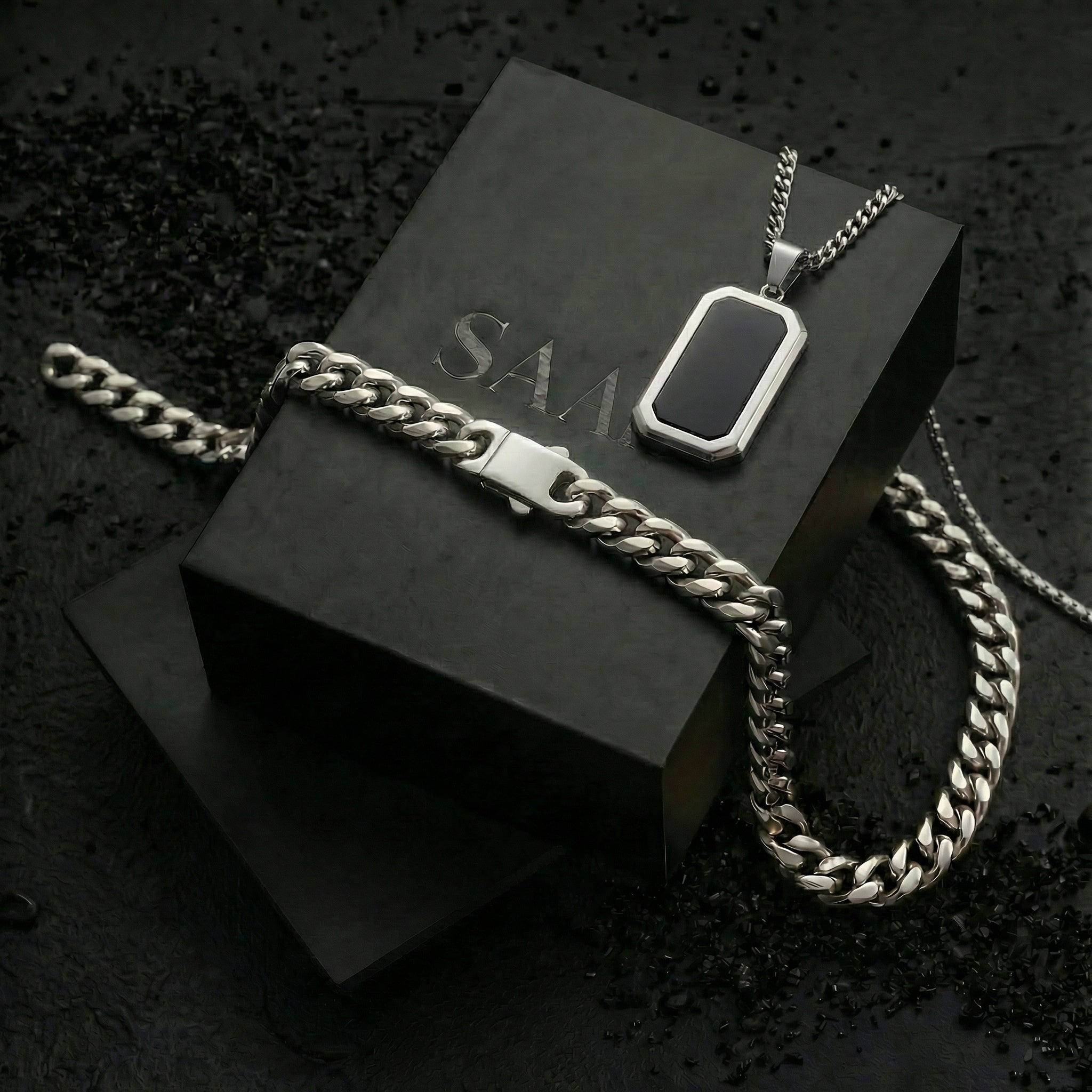 Stainless Steel and Natural Agate Crystal Pendant with Stainless Steel Necklace Chain. Stainless Steel Cuban Link Chain.
