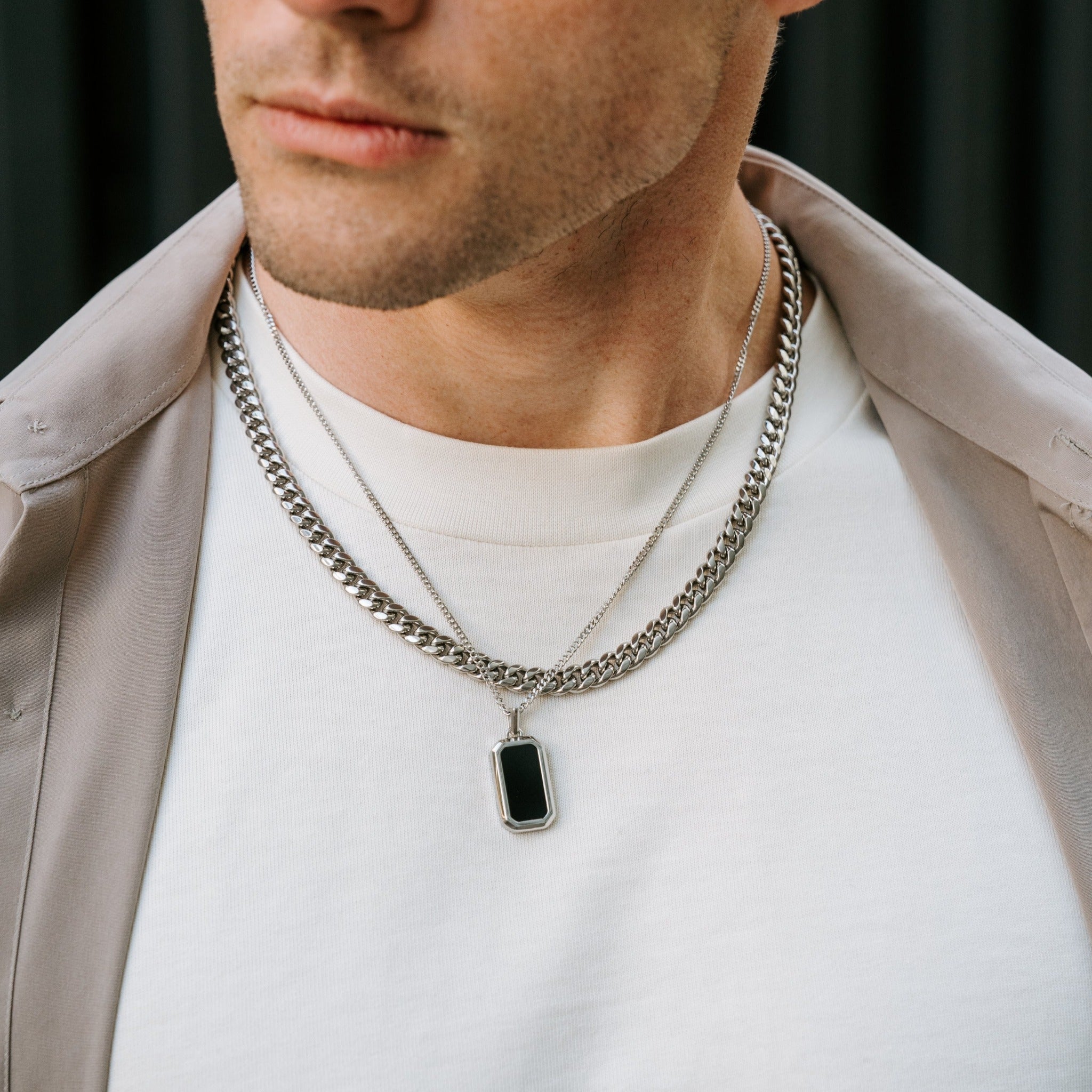 Stainless Steel and Natural Agate Crystal Pendant with Stainless Steel Necklace Chain. Stainless Steel Cuban Link Chain.