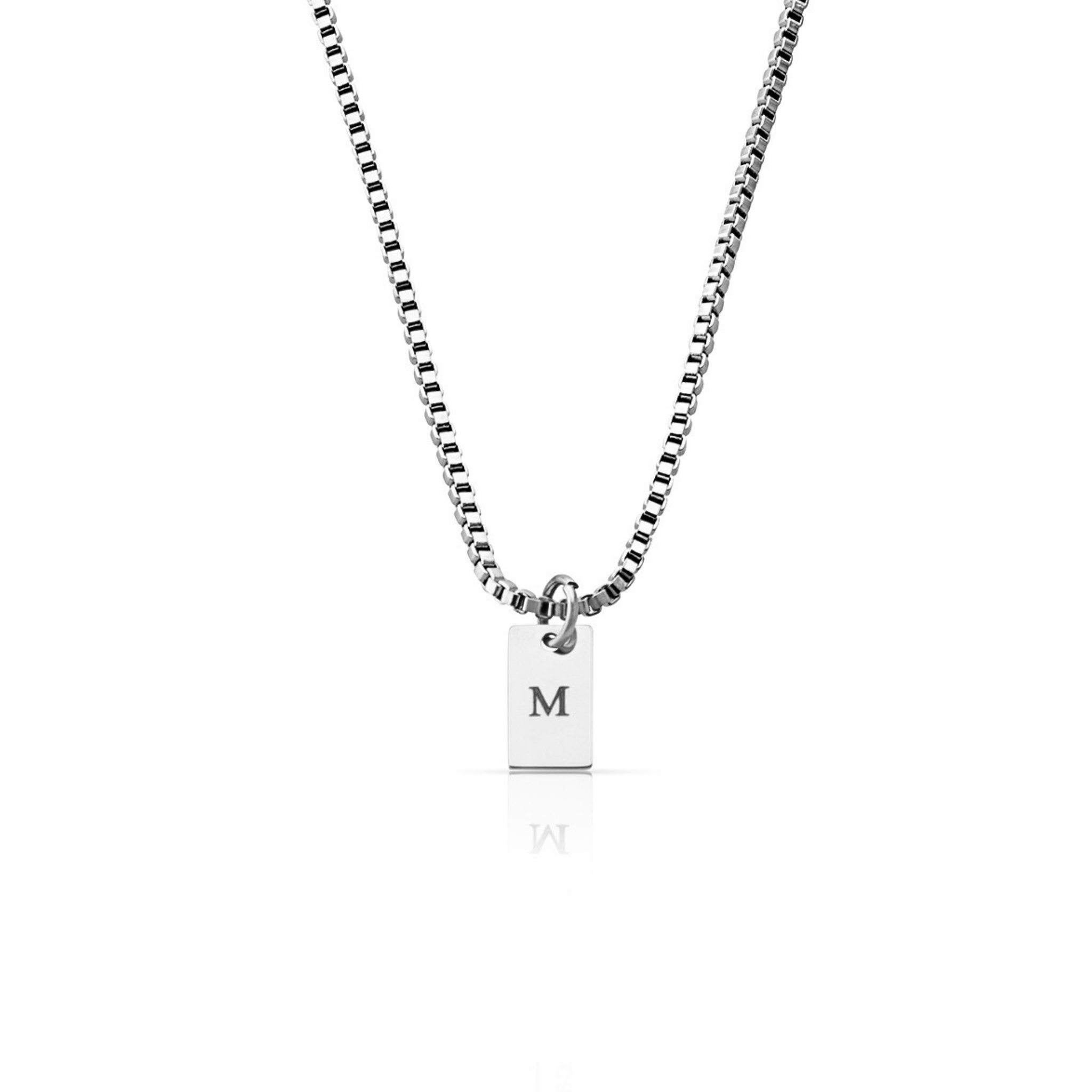 SAAR Co's Emily, a stainless steel, box chain with polished pendant. The pendant has been engraved with the letter M. 