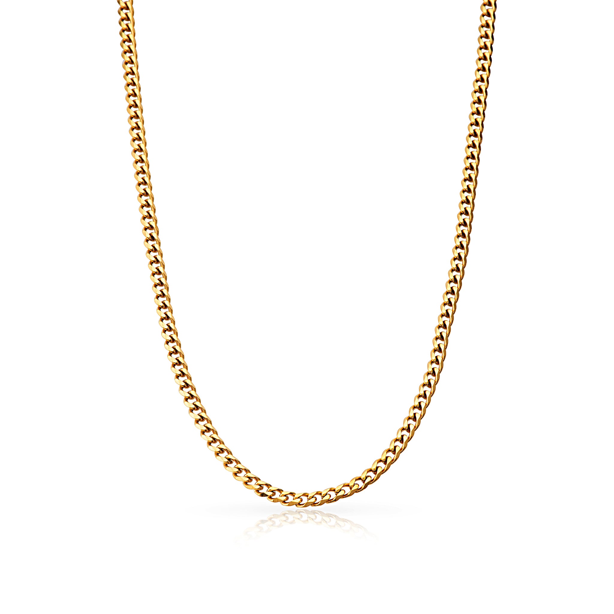 SAAR CO's Siobhan, an 18k gold-coated, 3mm Cuban link chain for women. 