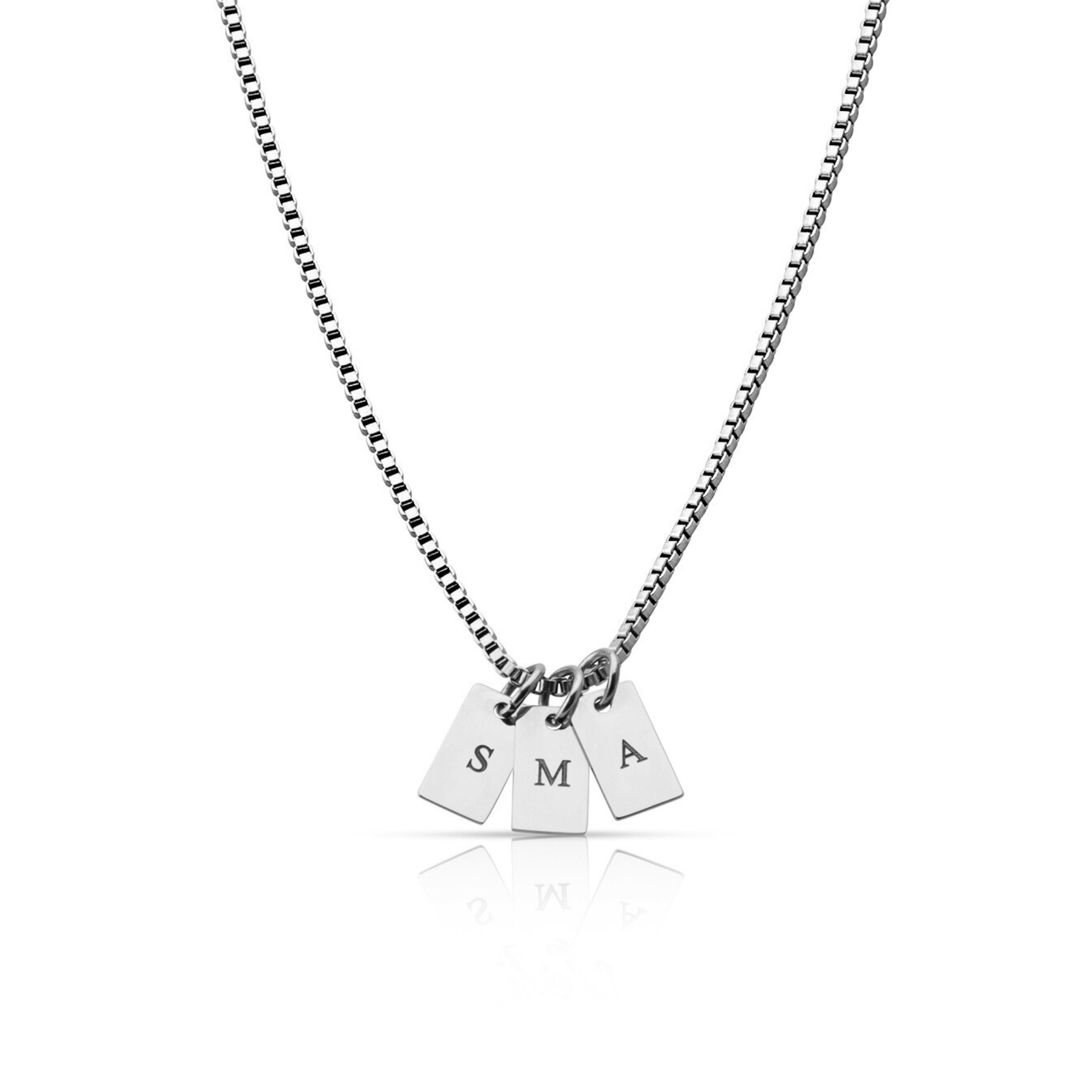 SAAR CO's Elle Stainless Steel pendant chain. The pendant chain includes three pendant tags, which have been engraved with one letter on each tag, the letters are S, M, and A. 