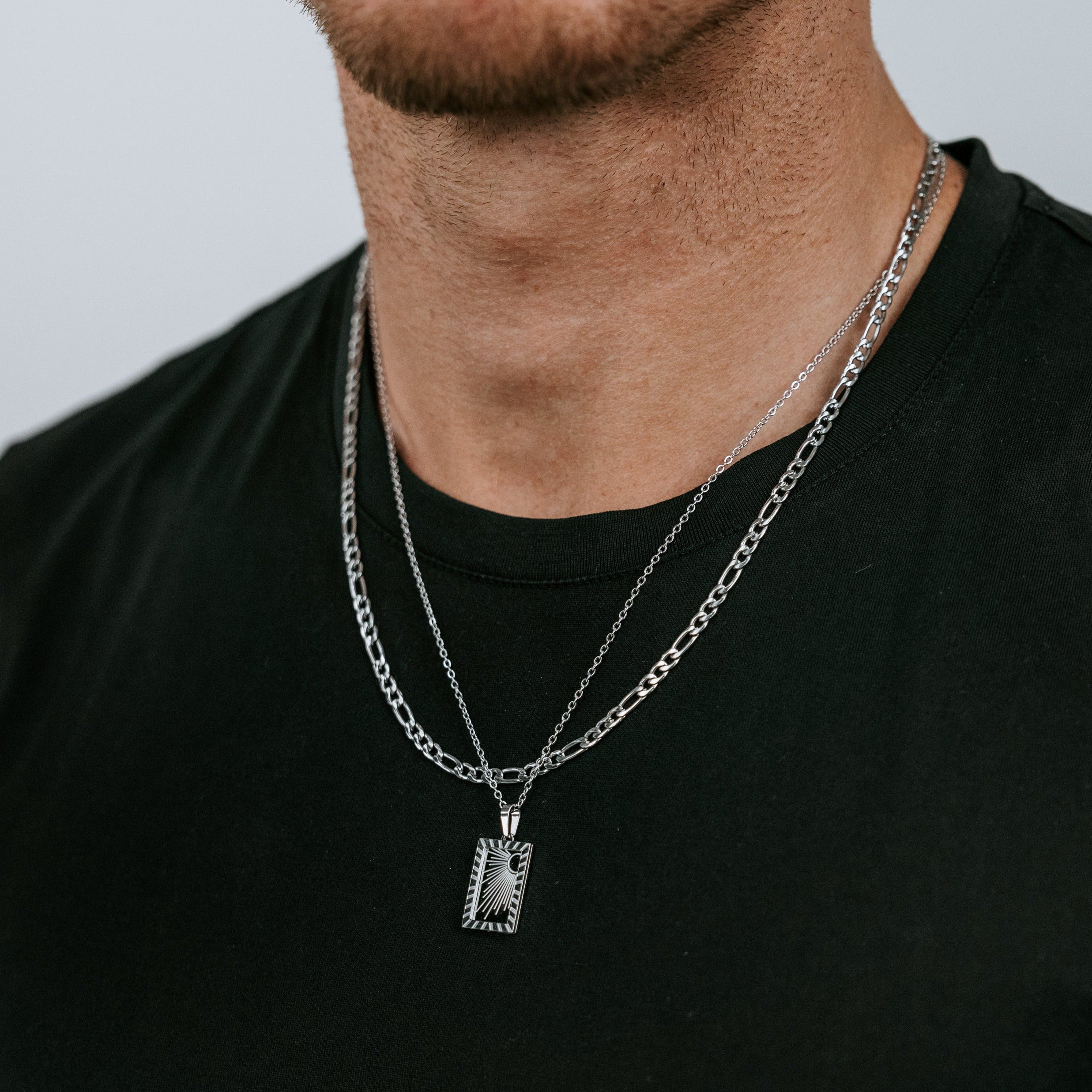 Stainless Steel Figaro chain and Sun Pendant Necklace