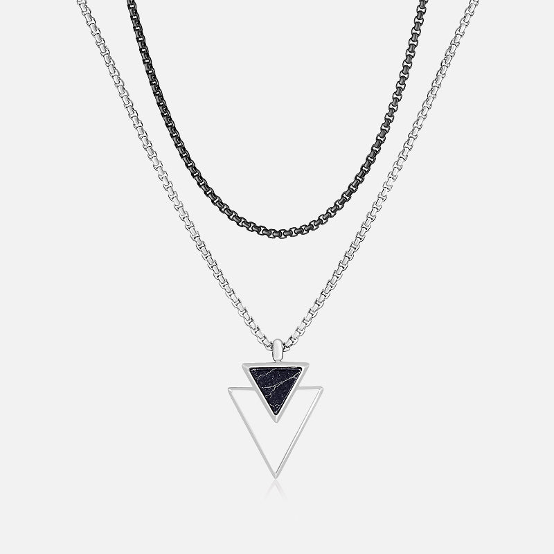 Downward double triangle pendant, encrusted with an onyx gemstone and Black Stainless Steel Box Chain Set