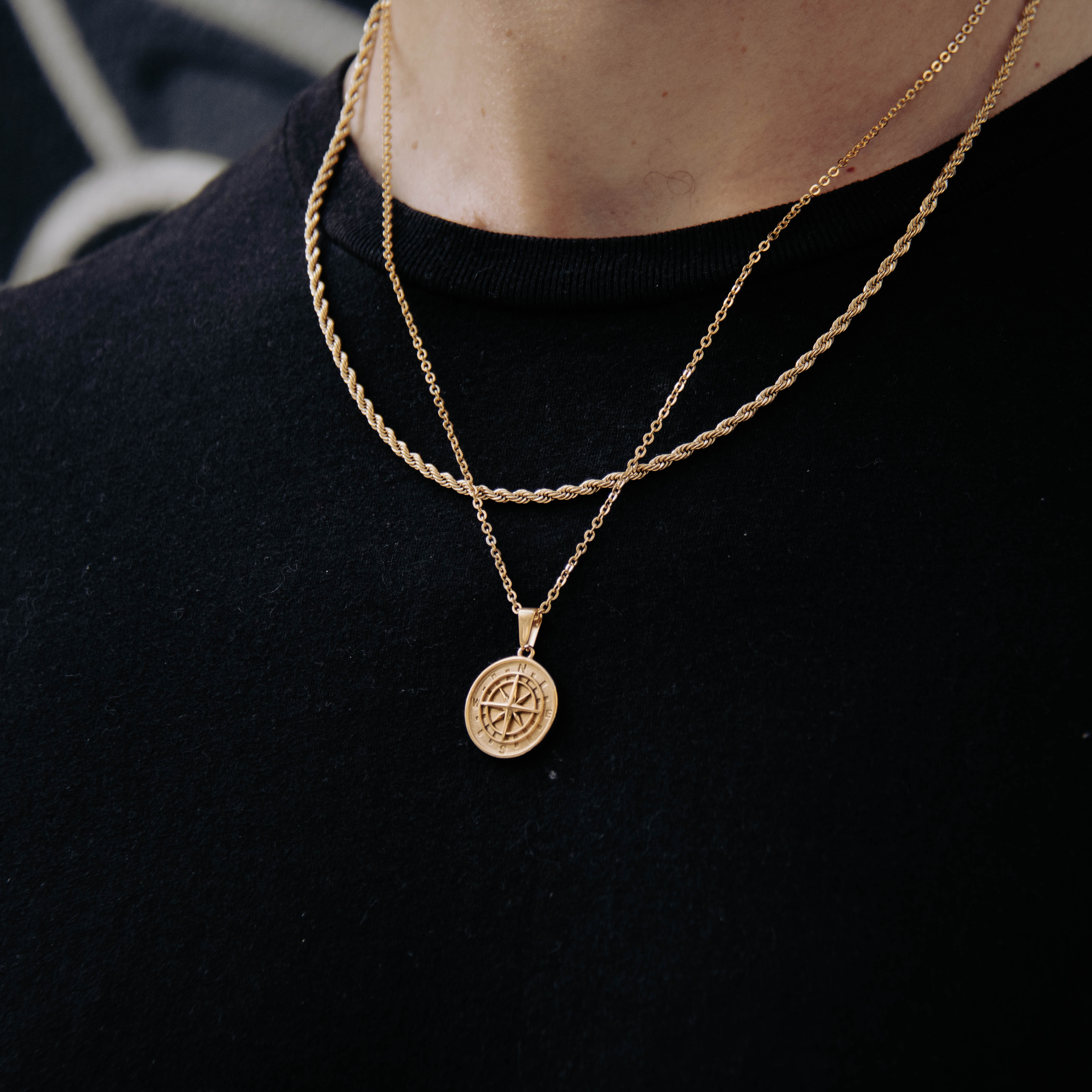 18 K Gold Plated Compass Pendant chain and Rope Chain Set