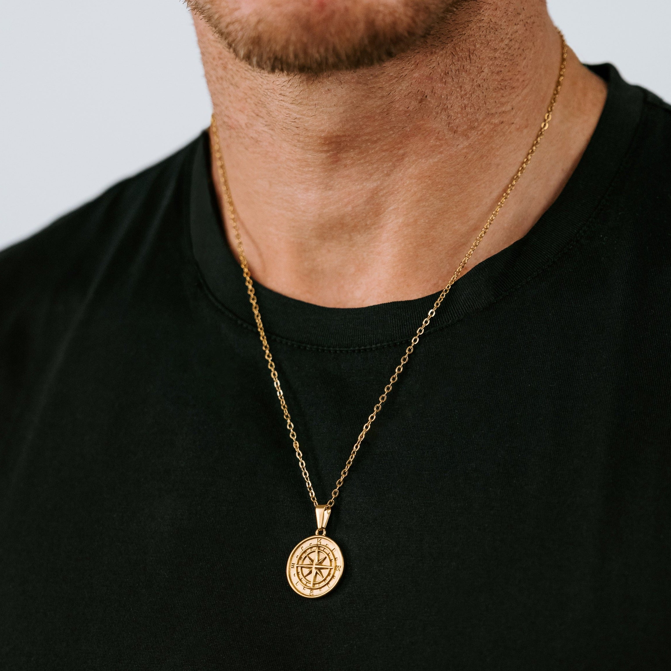 18K Gold Coated Compass Pendant and Chain for Men