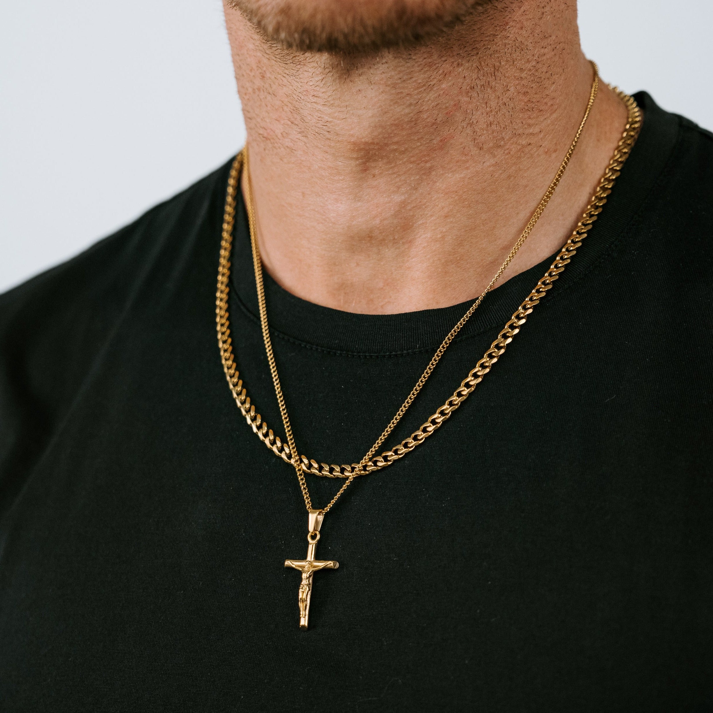 Men's 18K Gold Cuban Chain and Crucifix Pendant