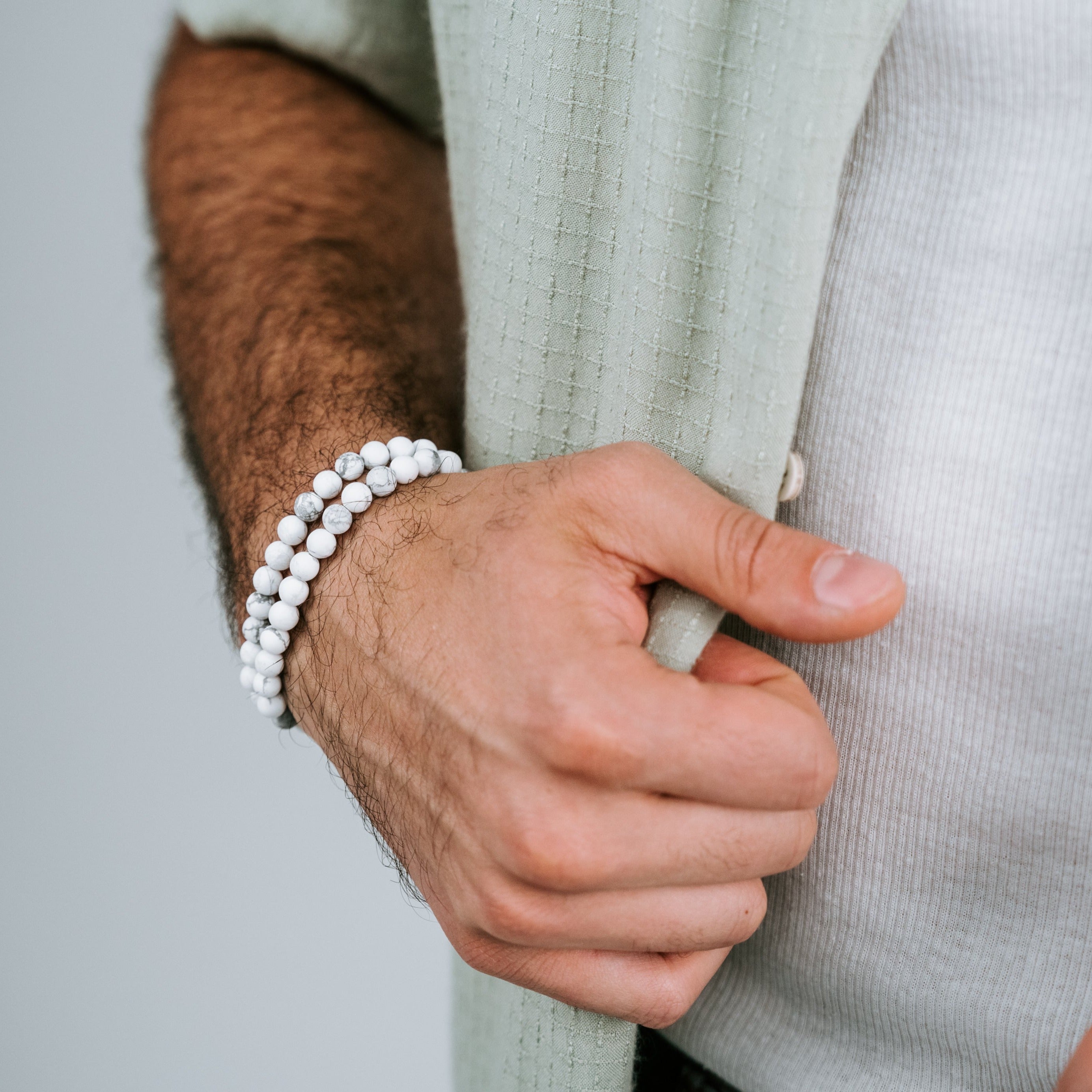 Howlite white and light grey gemstone Bracelet for Men double Set