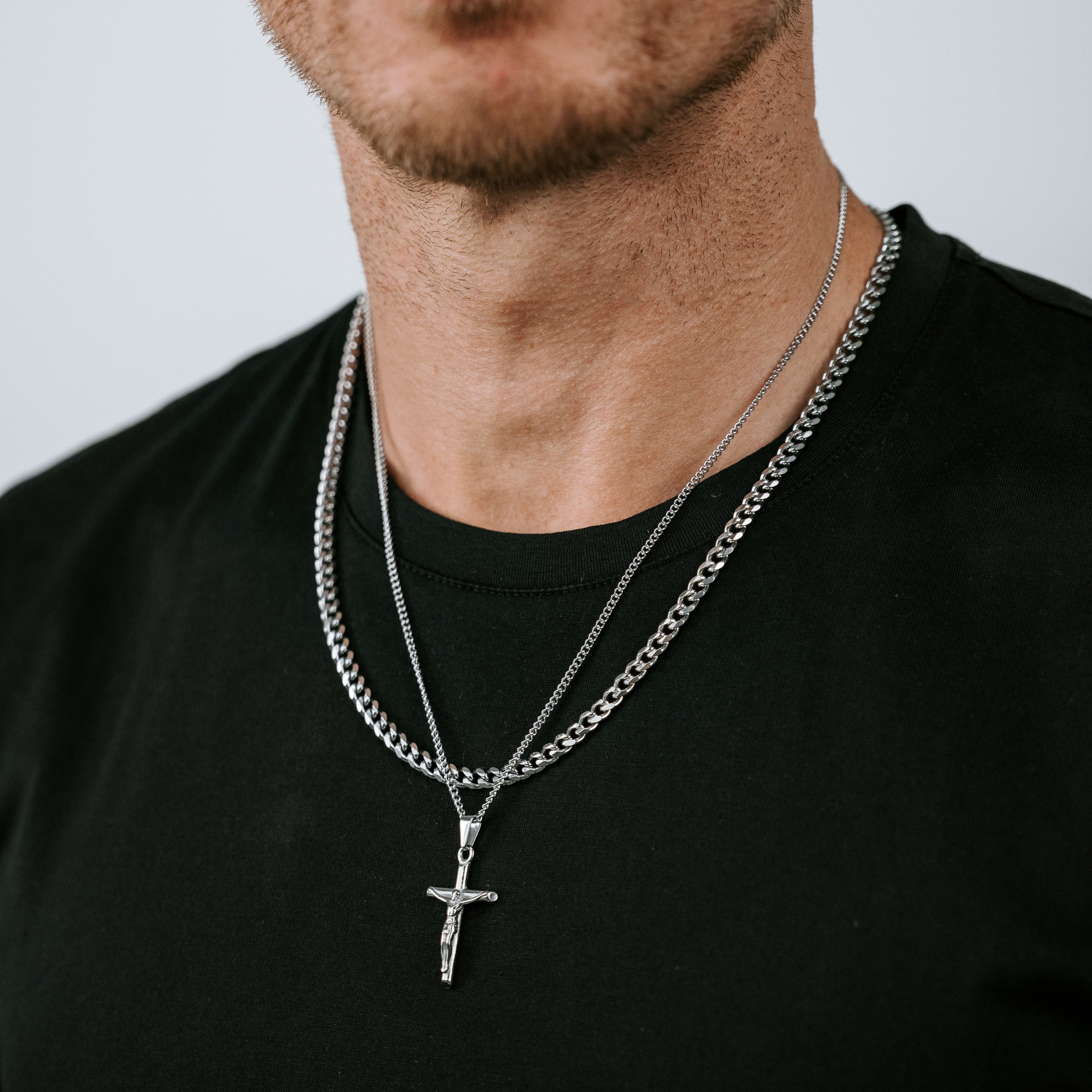 Men's Stainless Steel Cuban Chain and Crucifix Pendant