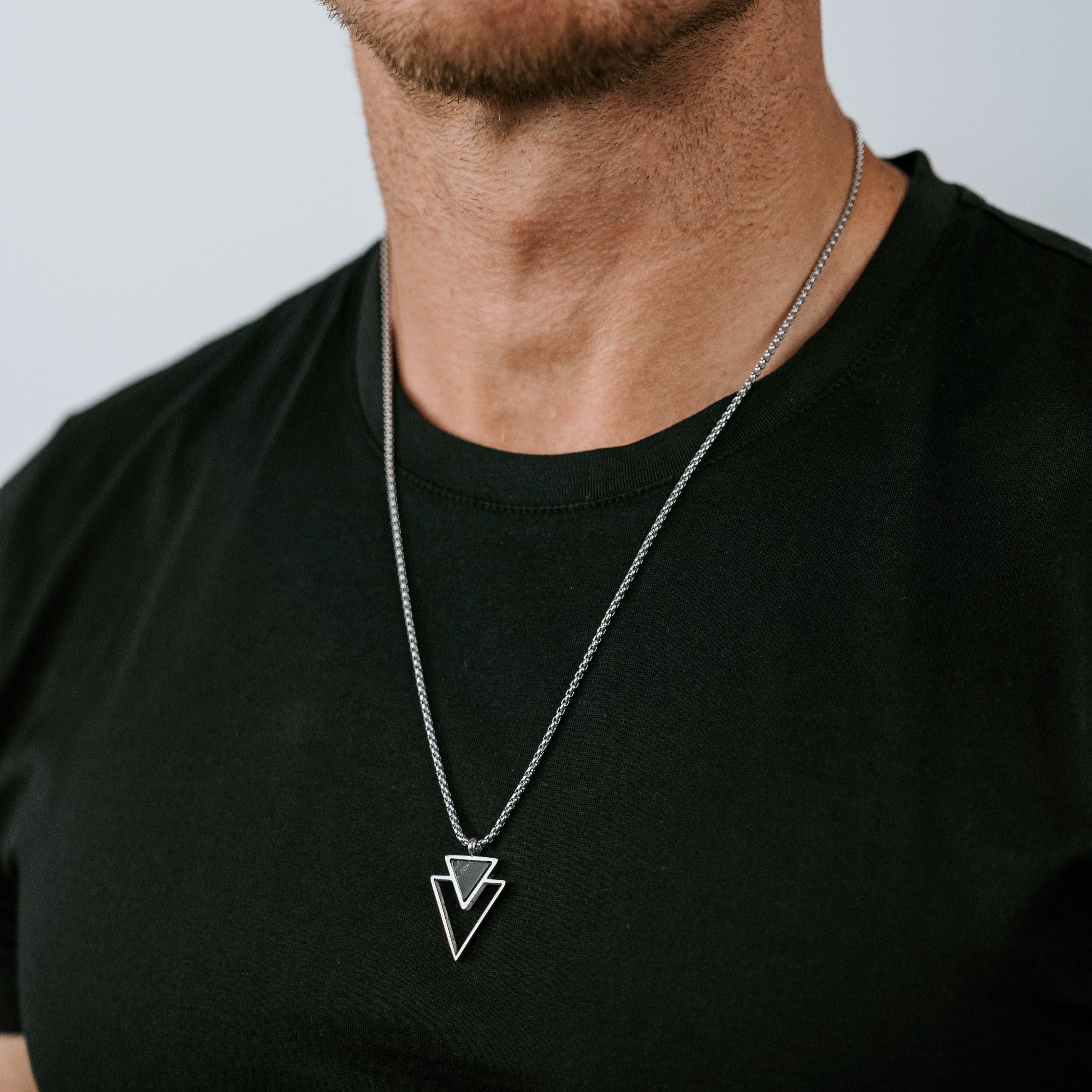 Stainless Steel Box Chain with Double triangle Onyx Pendant