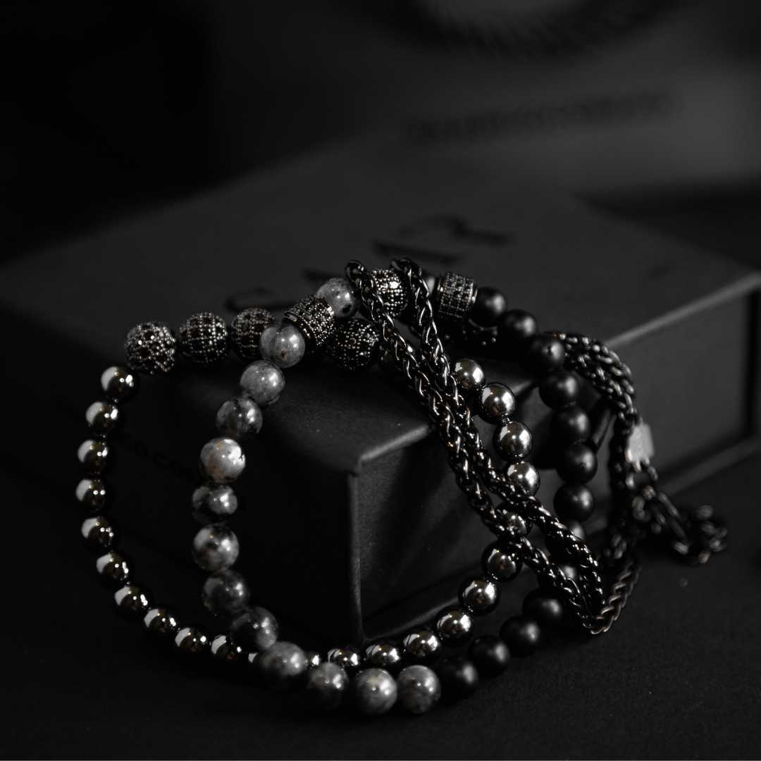 Jasper Gemstone, Hematite Gemstone, and double wrap black steel bracelet set. 