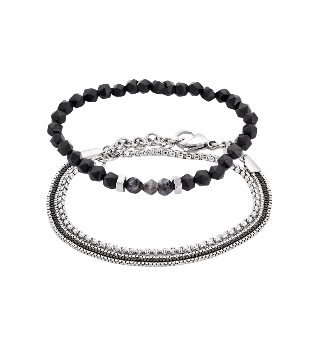 1 Stainless steel layered bracelet with a lobster clasp and 1 6mm diamond cut black Onyx gemstones elastic bracelet 