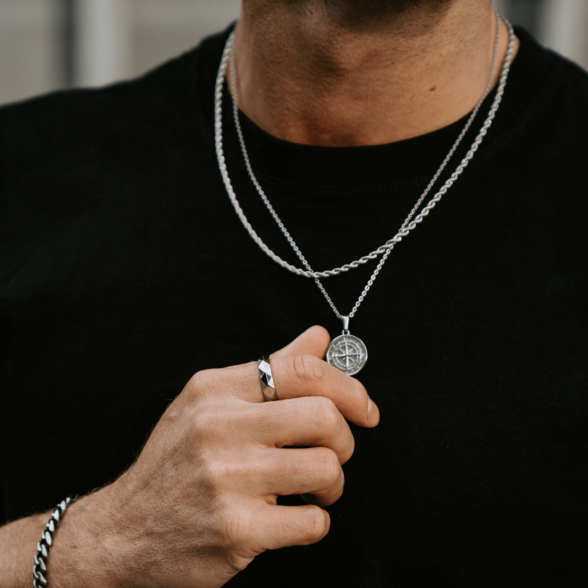 Stainless Steel Compass Pendant and Chain for Men